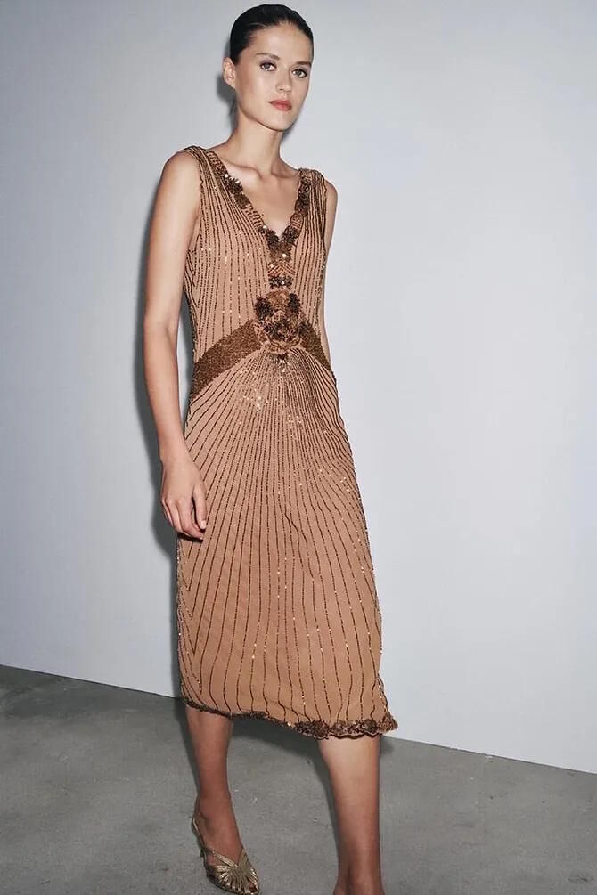 zara brown sequin dress Sitka Semsch Women's Dresses, Maxi Dress, Nude, Sequin, Woven Shoulder Straps main image 0